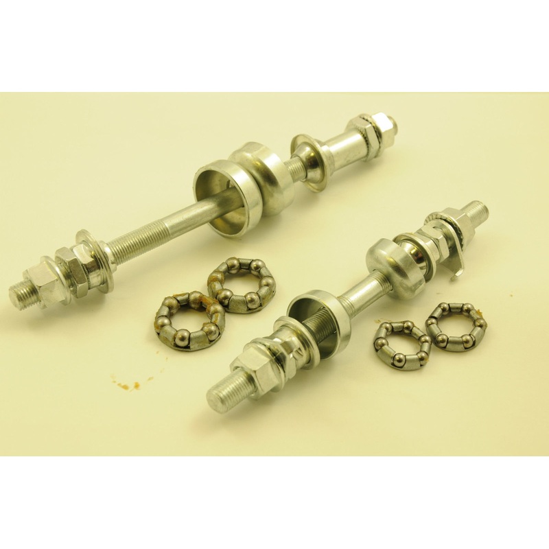 PAIR BIKE WHEEL SPINDLES (AXLES) FRONT & REAR WITH BEARINGS + CUPS BMX MTB ATB