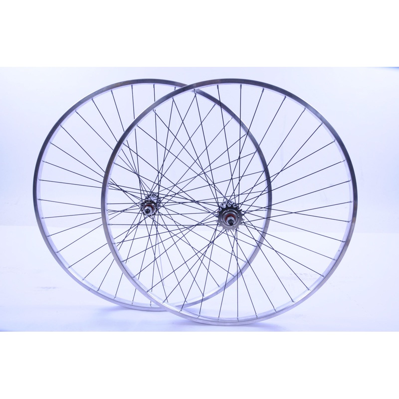 PAIR 27 x 1 1-4 FLIP FLOP FIXIE WHEELS CHROME LOOK ALLOY RIMS WITH BLACK SPOKES