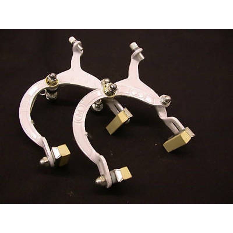 PAIR OF WHITE STEEL BRAKE CALIPERS OLD SCHOOL BMX CABLE BRAKE CALLIPERS 80’s NOS