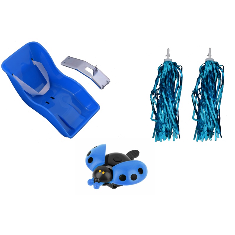 CHILDRENS BIKE IDEAL ACCESSORY PACK DOLLY-TEDDY SEAT,BLUE STREAMERS,LADYBIRD BELL